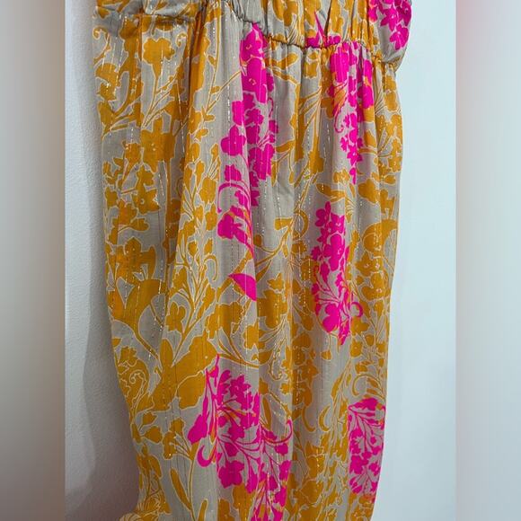 Old Navy Maxi Dress Small Petite Floral Pink Orange Metallic Gold Silver - Picture 10 of 10